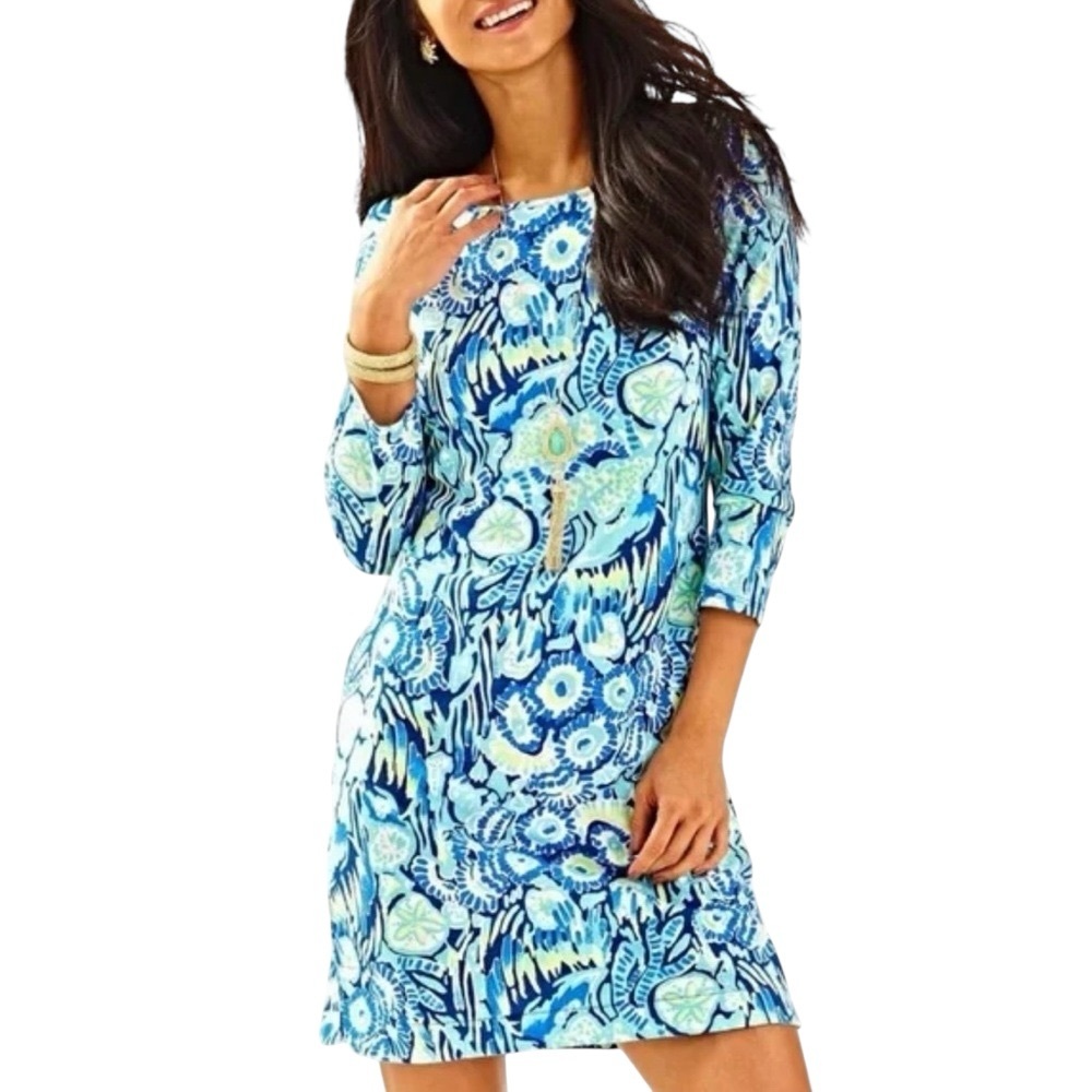 Lilly Pulitzer Marlowe Blue Green Indigo Sunset Swim Knit Mini Dress - M
